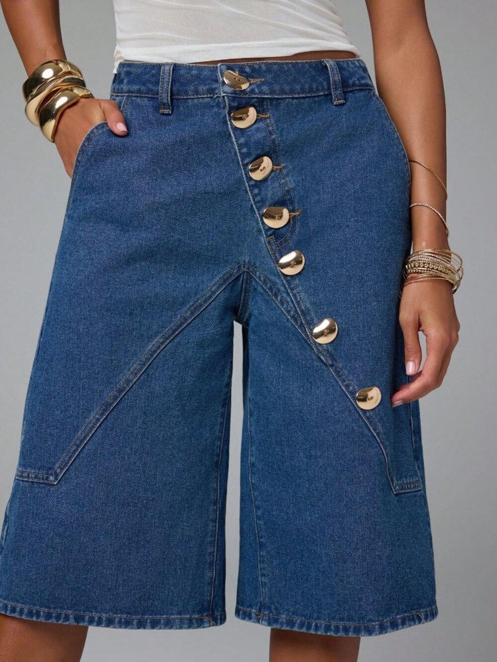 Dark Wash Casual Women's Denim Jeans with Asymmetrical Buttons